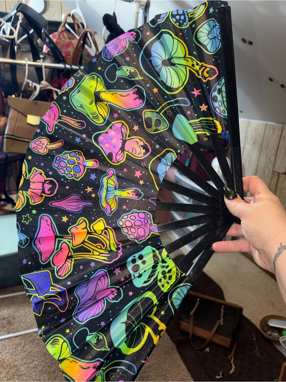 Neon Mushroom Folding Hand Fan - Black